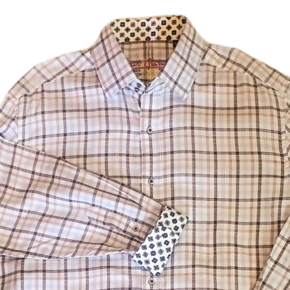 Robert Graham Plaid Shirt Geometric Cuff Sz XL Brown/Cream - Picture 3 of 13